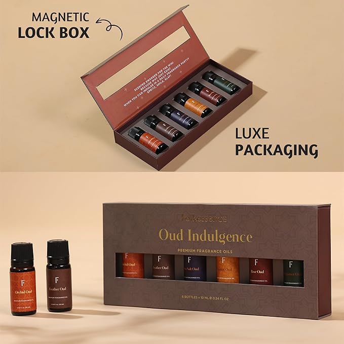 Folkulture Essential Oils Set for Diffuser | Set of 6 Luxury Floral & Oud Fragrance Oils | Orchid Oud, Rose Oud & Warm Sensual Blends, Eid Gifts & Home Fragrance Gift Set
