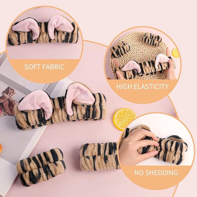 PERFECTSIGHT 2 Pack Cute Animal Headbands for Makeup Wash Shower Adjustable Elastic Hair Band for Girls and Women (Black Cat Ear)