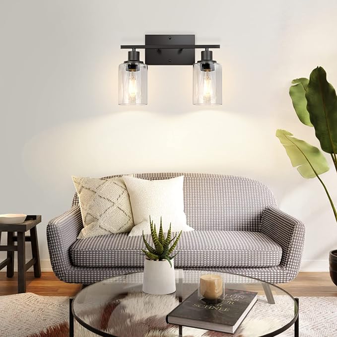 ShineTech 2-Light Bathroom Vanity Light Fixtures, Modern Wall Lighting with Clear Glass Shade, Matte Black Finished Wall Sconce Lighting for Mirror