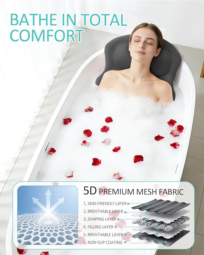 Full Body Bath Pillow for Bathtub, 5D Thick Tub Pillow for Bathtub with 192 Non-Slip Suction Cups, Laundry Bag & Hook, Bathtub Pillow for Head, Neck & Back Support (Gray, 51"*15")
