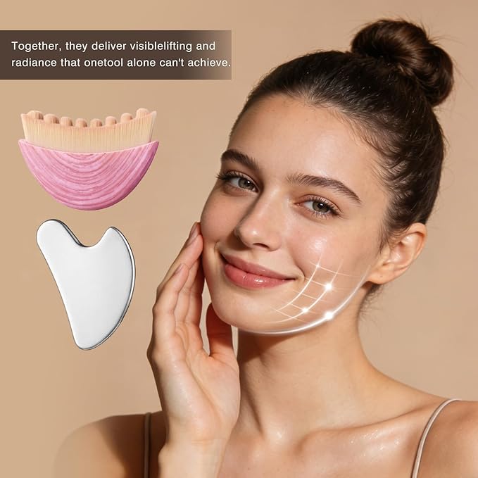 Lymphatic Contour Face Brush & Stainless Steel Gua Sha Tool Set – 2-in-1 Facial Massage Kit for Jawline Sculpting, Puffiness Reduction, Lifting & Relaxation, Lymphatic Drainage Brush with Storage Case