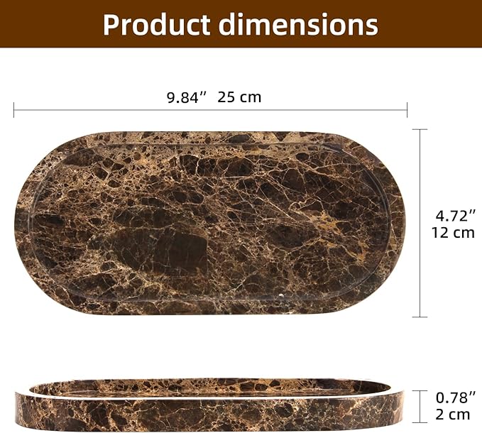 Natural Marble Tray Oval, Bathroom Vanity Tray for Countertop, Elegant Stone Decorative Organizer for Perfume, Jewelry, Home Decor (1, Dark Brown, 10 x 5 x 0.6)