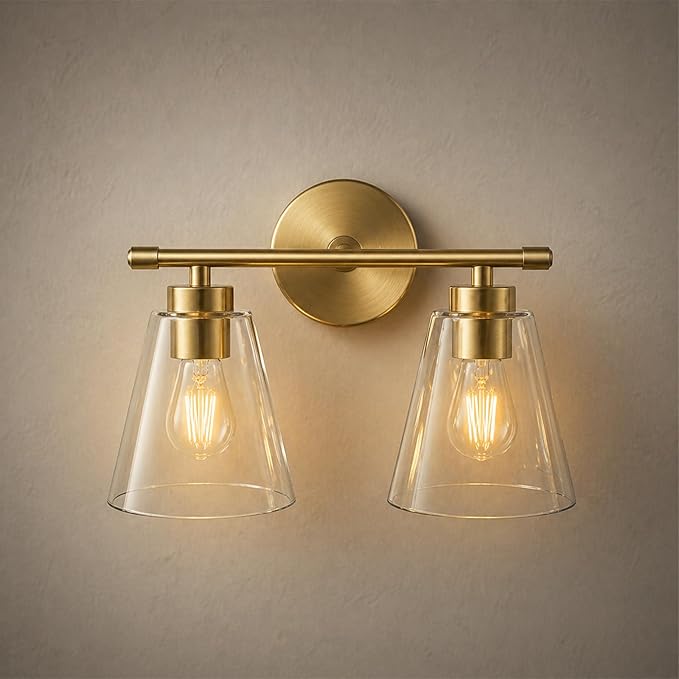 Hamilyeah Bathroom Vanity Light Fixtures Over Mirror, 2 Light Wall Light Fixture with Clear Glass Shade, Gold Sconces Wall Lighting for Bathroom, Kitchen, Living Room