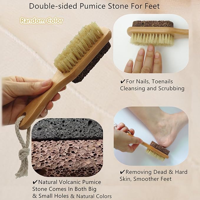 Natural Lava Pumice Stone for Feet with Brush, 2 Pcs Callus Remover Foot Scrubber Exfoliator Pedicure Tools for Hard Dead Skin, Smoother Feet, Double Sided Boar Bristles Wooden Handle, Random