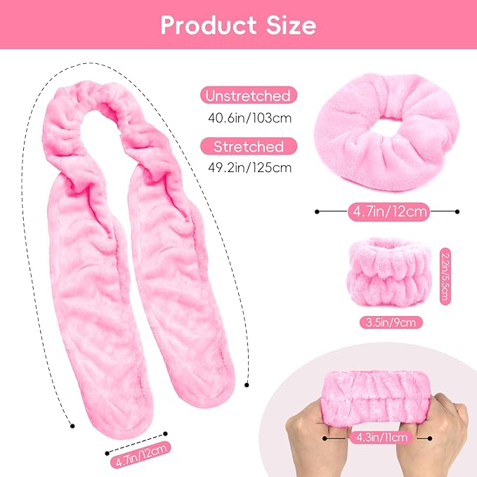 my novel things Hair Band for Washing Face, Adjustable Skincare Spa Headband and Wristband Set for Women Girl, Makeup Hair Headbands Cute Pink Versatile Fun Gift for Friend