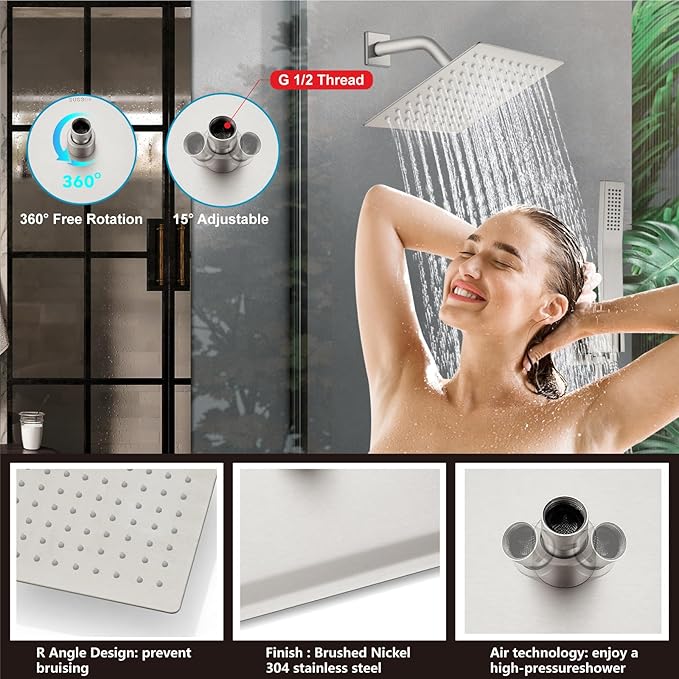 Midanya Shower System with Tub Spout,Bathtub Shower Faucet Set with Square Rainfall Head and Handheld Sprayer Wall Mount Tub Faucet Set with Valve and Trim Kit,8 Inch Brushed Nickel