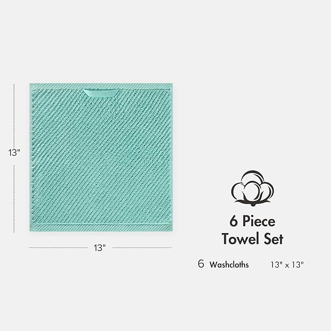 Madison Park 6-Piece Towel Washcloths Set for Bathroom 13" x 13" Diagonal Ribbed, Turquoise - 100% Cotton Soft Quick Dry & Absorbent Gift | Zero Twist, 500 GSM, Oeko-TEX, Hotel Quality