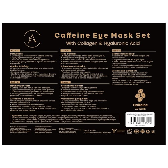 AURAE Caffeine Under Eye Patches (30 Pairs) - For Dark Circles & Puffiness - Hydrating Caffeine Eye Mask