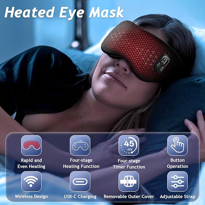 Cordless Heated Eye Mask, Rechargeable Sleep Mask with 4 Heat Levels, Timer, Light Blocking Design, Washable Cover, Soft Eye Mask for Daily Relaxation
