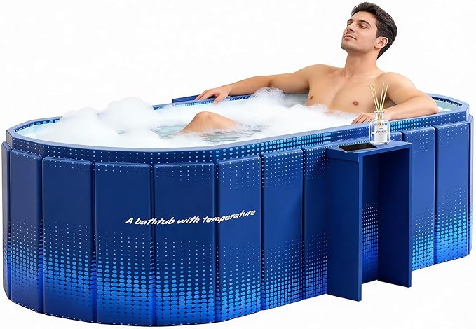 Portable Foldable Bathtub, Freestanding Bathtub No Installation, Bathroom SPA Soaking Bath Tub, Shower Stall Collapsible Hot & Ice Bath Tub (Blue with Storage Rack, 59"L x 21.6"W x 19.6"H)