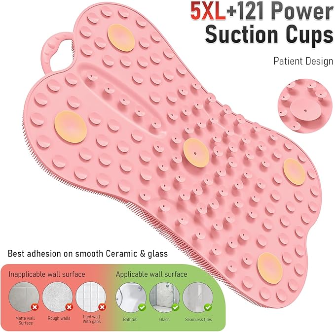 Back Scrubber Body Bath Cushion for Tub Bathtub Back Lumbar Ergonomic Support, Silicone XL Large Thick Soft Seat Pad Non-Slip Suction Cups, Relaxing Spa Exfloating Scrubber Mat 28x19 Pink