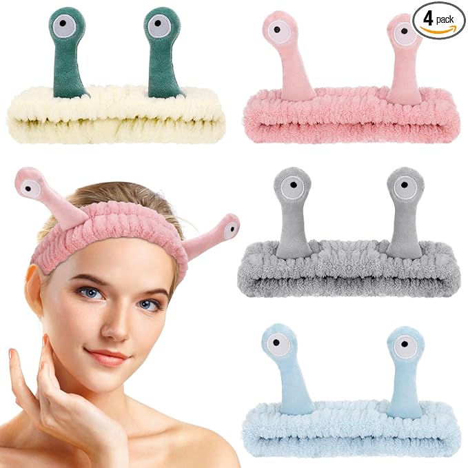 DragonflyDreams 4 Packs Snail Head Bands, Headband for Washing Face, Snail Spa Hair Bands Skincare Makeup Headbands Women Cartoon Cute Coral Fleece Elastic Headband Creative Hair Accessories for Women