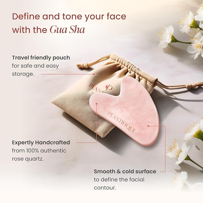 PLANTIFIQUE Massage Set: Rose Quartz Gua Sha & Vitamin C Face Serum Korean with Collagen and Peptides for Hydrated & Glowing Skin (30ml) - Skincare Gifts for Women, Moms, Teens