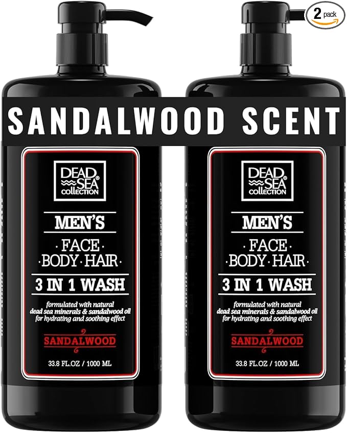 Dead Sea Collection Sandalwood Men’s Body Wash – 3 in 1 Body Wash for Men for Hair, Face & Body – Moisturizing Shower Gel with Dead Sea Minerals – Pack of 2 (33.8 fl oz each)