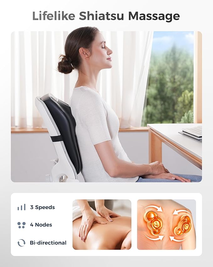 Boriwat Shiatsu Back Massager for Pain Relief Deep Tissue-Movable Electric Neck Back Massager with Heat- Rechargeable Cordless Massage Heated Lower Back Massage for Office/Home/Car-Gift for Men Women