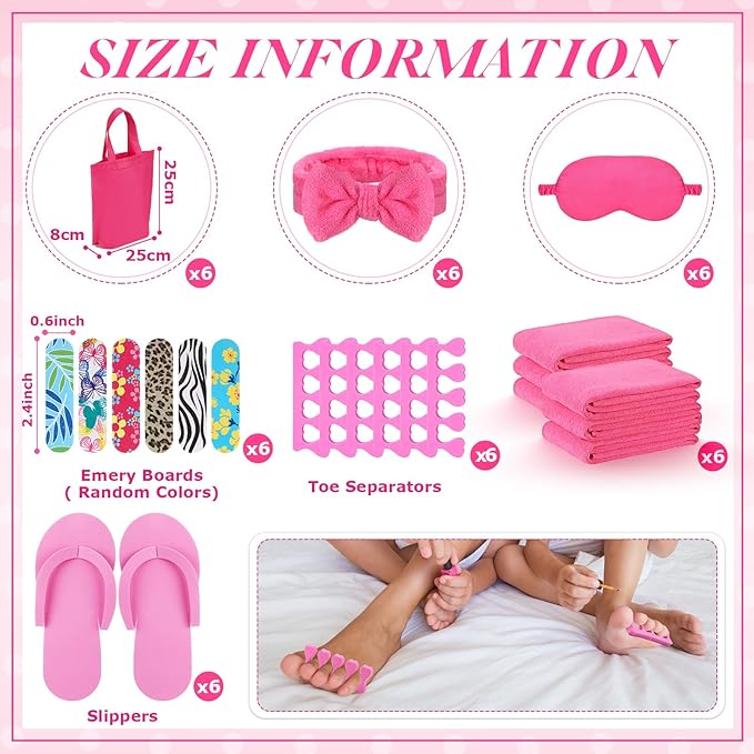 Thiccywoov 54Pcs Kids Foot Spa Party Supplies for Girl Spa Party Favors 6 Washbasin 6 Tote Bags 6 Hand Towels 6 Toe Separators 6 Hair Scrunchies 6 Hairband 6 Slipper 6 Eye Mask 6 Nail File(Rose Red)