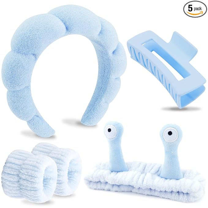 VELSCRUN Spa Headband, Makeup Face Wash Skincare Headbands, 5 Pcs Sponge Get Ready Snail Hairband Facial Wristband Hair Clip Set, Stuff for Teen Girls Women Trendy Hair Accessories Blue