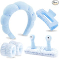 VELSCRUN Spa Headband, Makeup Face Wash Skincare Headbands, 5 Pcs Sponge Get Ready Snail Hairband Facial Wristband Hair Clip Set, Stuff for Teen Girls Women Trendy Hair Accessories Blue