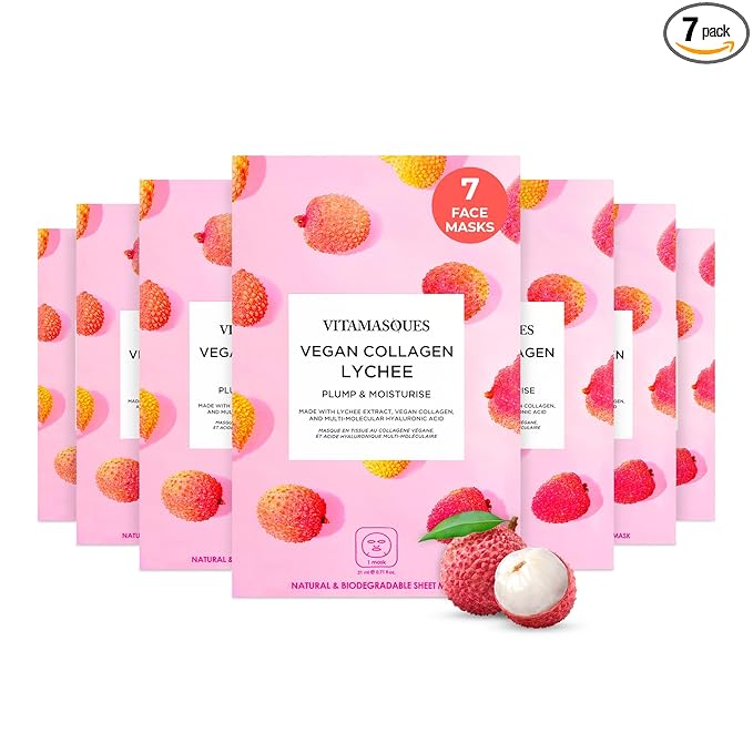 Vitamasques Korean Collagen Face Mask - Hydrating & Moisturizing Korean Sheet Mask with Lychee & Hyaluronic Acid - Vegan Facial Skincare for Firming, Plumping & Skin Care - 7 Pack