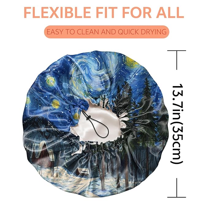 Shower Cap Reusable Double Layer Adjustable Elastic Waterproof EVA Hair Bath Caps for Women Girls Cute Aesthetic-Starry Night