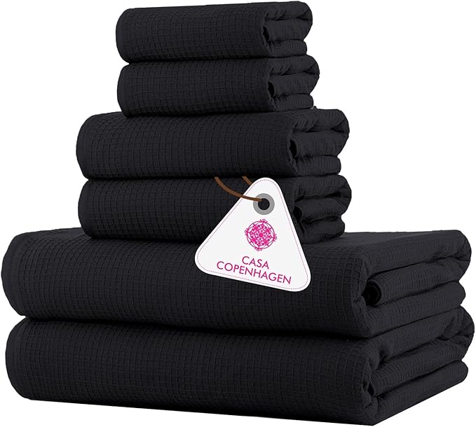 CASA COPENHAGEN Waffle 6Pcs 100% Egyptian Cotton Large Designer Towels Gift Set- Black, 2Bath 2Hand 2Washcloths, Bath Towels for Bathroom (Box Pack, Set for Women & Men)