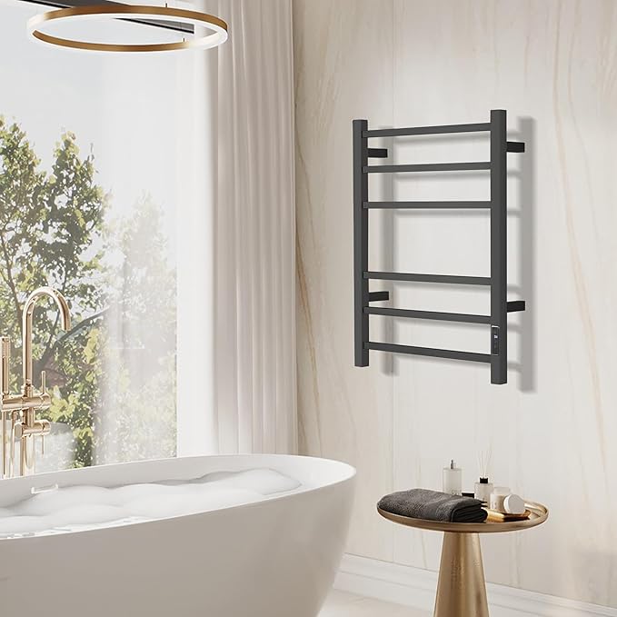 Electric Heated Towel Warmer - Wall Mounted Bathroom Towel Rack, Plug-in Design & Brushed Stainless Steel Finish Black Timer & Temperature Control, 6 Bar