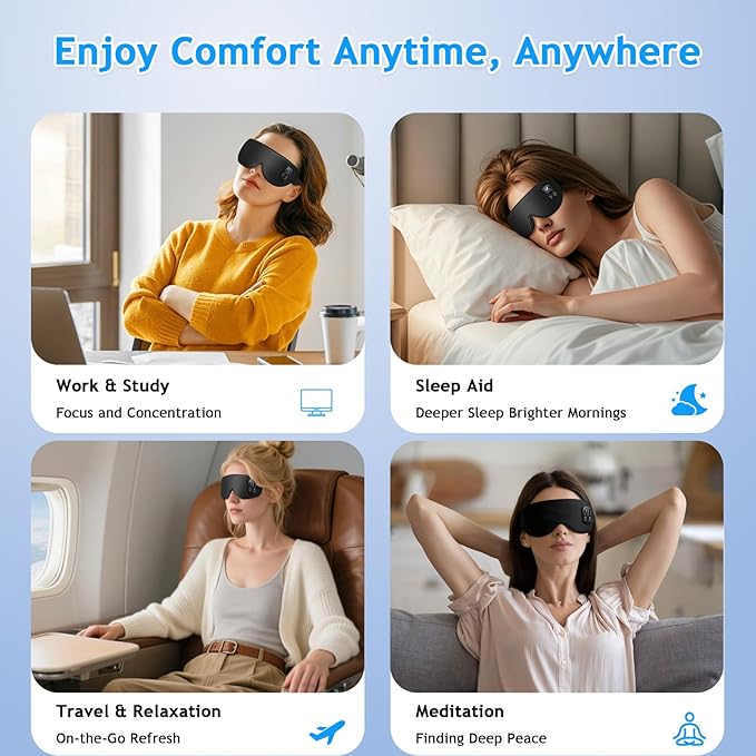 Cordless Heated Eye Mask, Rechargeable Sleep Mask with 4 Heat Levels, Timer, Light Blocking Design, Washable Cover, Soft Eye Mask for Daily Relaxation