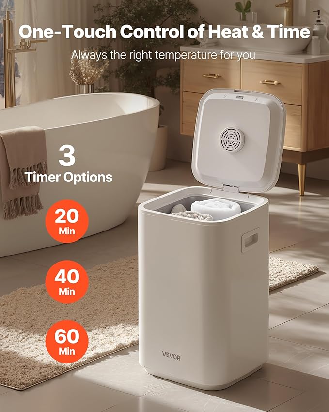 VEVOR Towel Warmers for Bathroom, Towel Warmer Bucket with Child Lock & High-Temp Light & 24H Delay Timer & Auto Shut Off Fits up to 4 Oversized Towels, Blankets, Clothes, Bathrobes and More, White