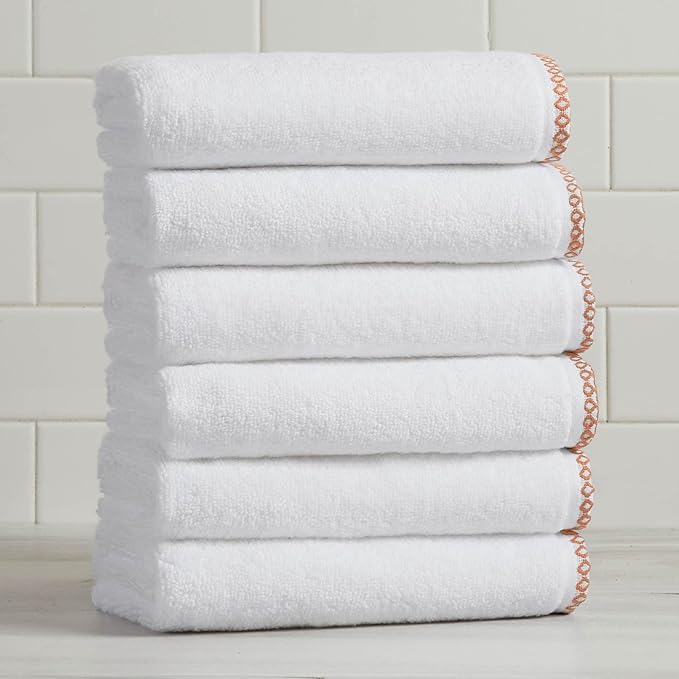 Great Bay Home Clay/White Hand Towel Set - Ultra-Soft Cotton, Boho-Chic Border Design - 6 Hand Towels (28" x 16") - Absorbent, Quick-Dry, Lightweight Bathroom Towels