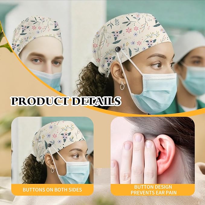 Adjustable Scrub Cap with Buttons & Sweatband, Working Hat with Elastic Tie Back, Unisex Nurse Surgical Caps for Women & Men