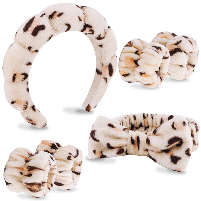 VELSCRUN 6 Pack Spa Headband, Makeup Headband, Face Wash Headbands, Skincare Headbands, Leopard Sponge Hair Band Bow Tie Spa Head Band for Washing Face Wristband Set Hair Accessories for Women Gifts