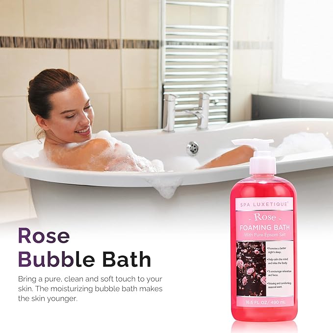 Spa Luxetique Bubble Bath, Foaming Bath with Epsom Salt, Chamomile Rose and Lavender Scent Bathing Set, 3 Pack 49.8 fl oz Mothers Day Gifts Set for Women and Men