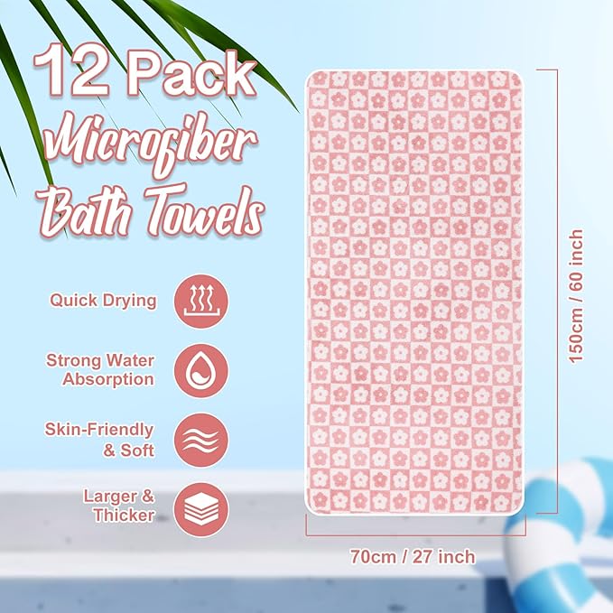 SmoothNovelty 12 Pack Microfiber Bath Towels Bulk 27'' x 60'' Oversized Size Bath Towel Highly Absorbent Extra Large Soft Drying for Beach Shower Summer Salon Sport Gym Party (Flowers,Pink)