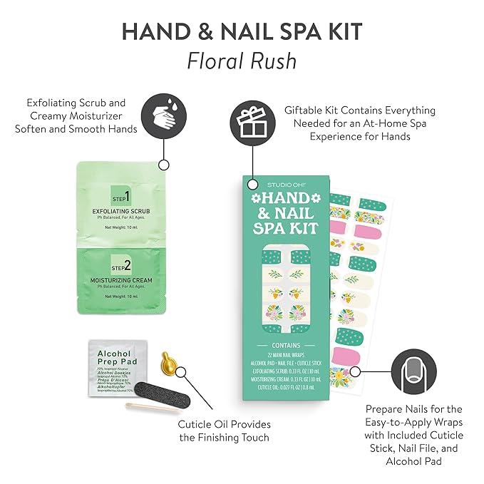 Studio Oh! Hand & Nail Spa Kit, Mini Nail Kit with 22 Nail Wraps, Exfoliating Scrub, Moisturizing Cream, Cuticle Oil & Tools, Girls Spa Kit, Travel Manicure Kit for Women & Girls (Floral Rush Design)