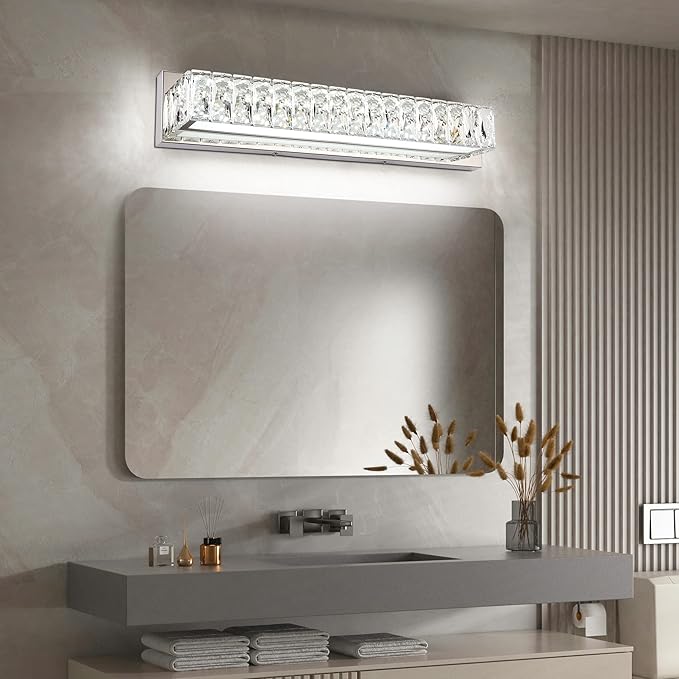 ZUZITO LED Vanity Lights for Bathroom - 30 inch Crystal Modern Vanity Lights - Chrome Bathroom Light Fixtures Over Mirror Cool White Light