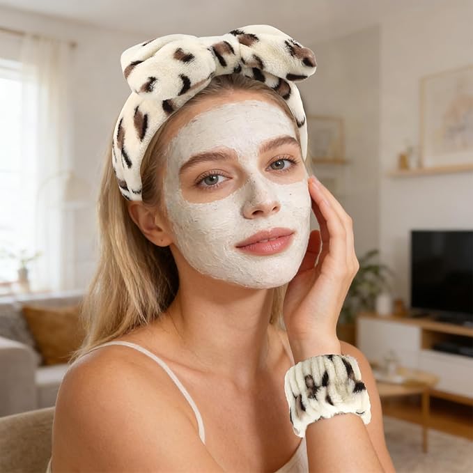 Beige Leopard Spa Headband and Wristband Set, 6 PCS Microfiber Skincare Hair Band with Bow & Cloud Design, Soft Elastic Face Washing Accessories for Makeup