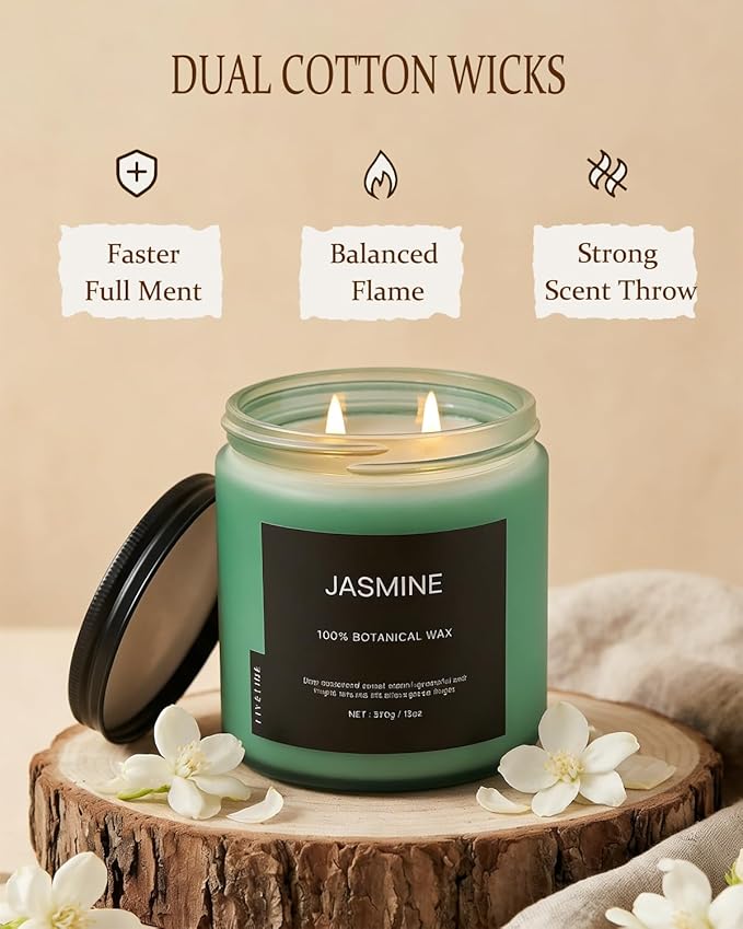 Jasmine Home Scented Candles, 13oz Organic Soy Wax, 76-Hour Clean Burning, Natural Candles Non Toxic, Floral Scent for Relaxation, Aromatherapy Housewarming Candle for Men Women
