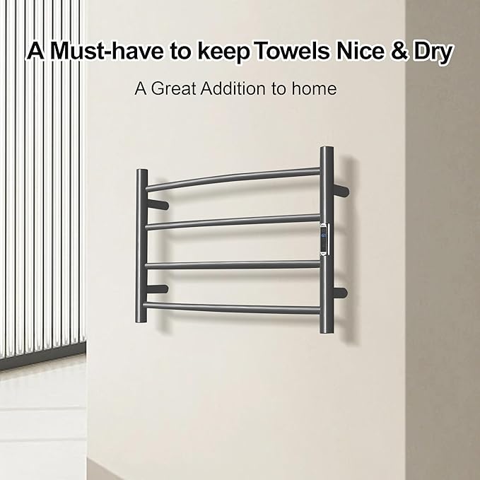 Towel Warmer with Built-in Timer Bathroom Wall Mounted Bath Towel Heater Plug-in Electric Heated Towel Rack Stainless Steel Curved Round Oil Rubbed Drying Rack 16.54x23.62x5.51 inches Gunmetal