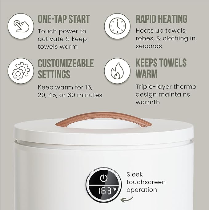 Fontaines Luxury Towel Warmer for Bathroom, Spa - Large Heated Thermal Bucket, Wood Handle, Safe Auto Shut Off, Fits Up to Two Large 40x70 Oversized Towels or Robes - White