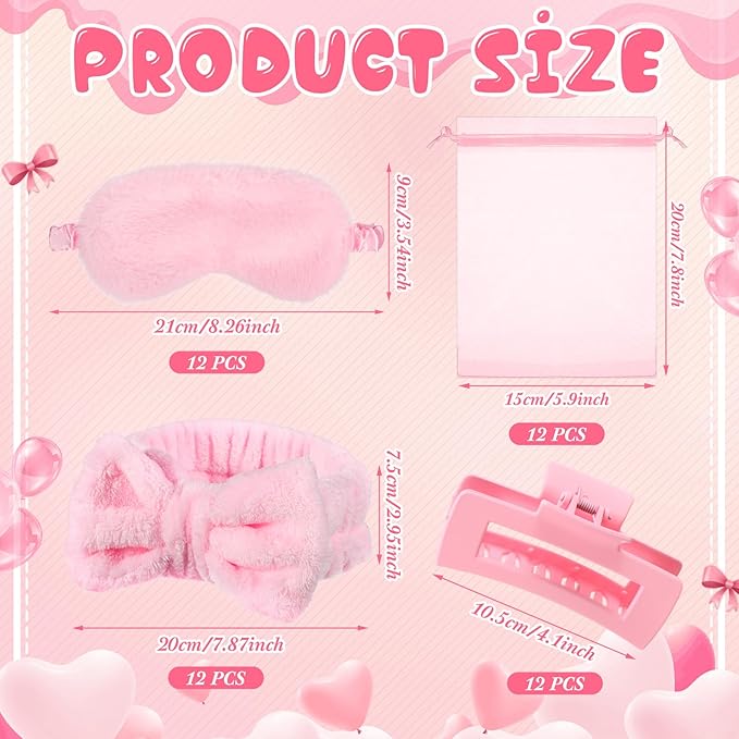 48 Pcs Spa Party Supplies Sleepover Essentials Gift for Mother's Day Spa Headband Plush Eye Mask Claw Clips Organza Bag for Women Adult Slumber Party Supplies (Pink)