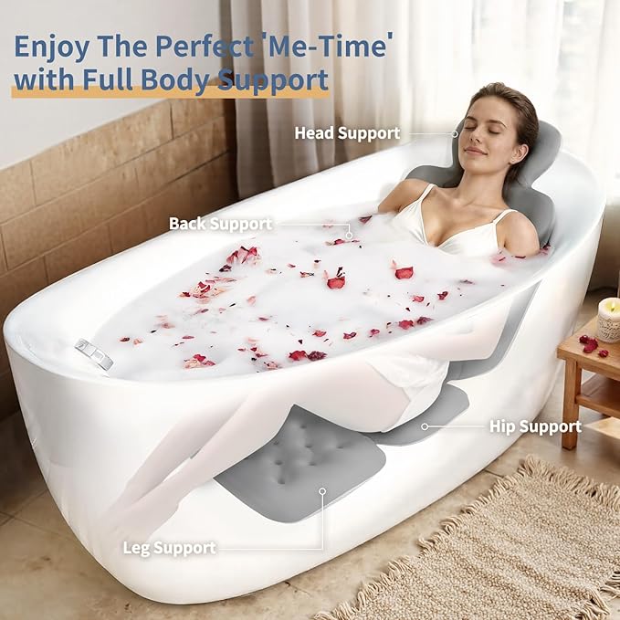 Bath Cushion, Full Body Bathtub Pillow with 160 Suction Cups, Bath Mat for Head and Neck Support, with Laundry Bag (Dark Gray, 51" x 16")
