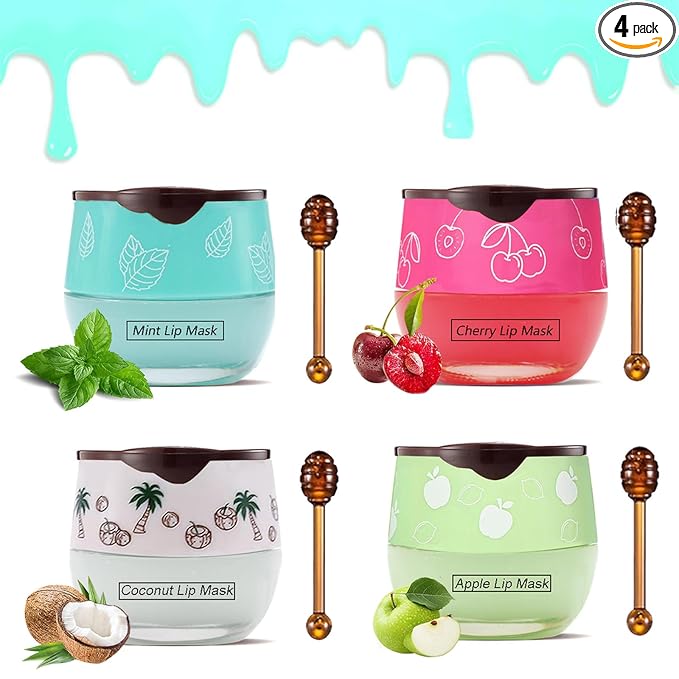 4PCS Bee Lip Balm Honey Pot, Fruit Moisturizing Propolis Lip Mask, Lip Mask Overnight Propolis Moisturizing Lip Balm Hydrating Prevention Dry and Crack Lip Scrubs Exfoliator Lip Care Products