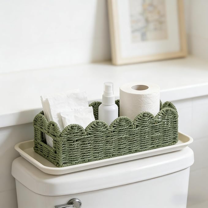 Scalloped Green Toilet Tank Basket for Back of Toilet, Wicker Bathroom Tray for Toilet Paper Storage, Bathroom Organizer for Tank Top, Countertop & Small Spaces