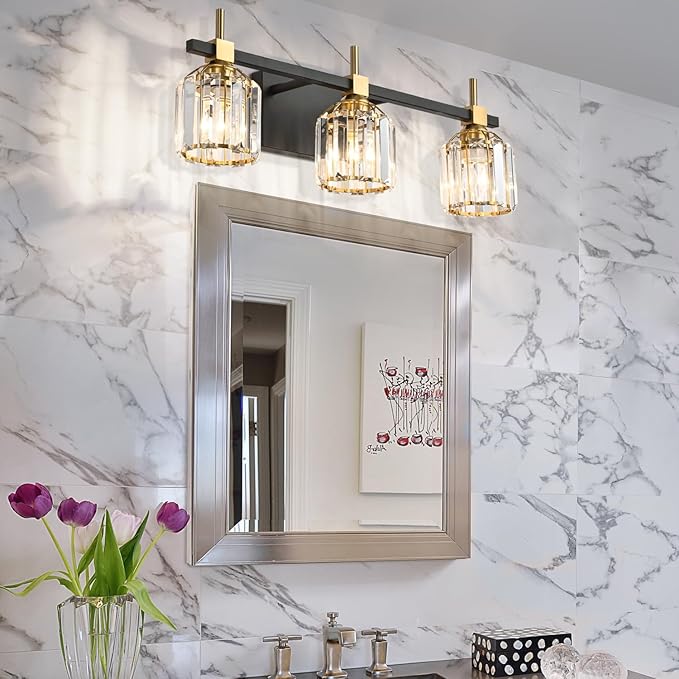 SOLFART Crystal Bathroom Light Fixtures 3 Light Bathroom Vanity Light Over Mirror Vanity Light Fixture Vintage Lighting 3T