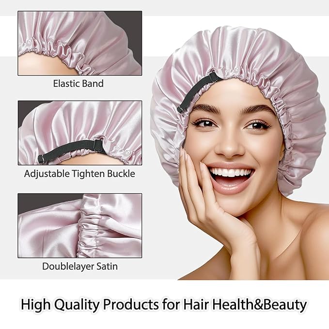 Large Microfiber Hair Towel Wrap & Satin Bonnet Set for Women, Ultra Absorbent Turban 24x42 Inches & Adjustable Night Cap for Curly Hair, Prevents Frizz & Breakage, Gifts for Women
