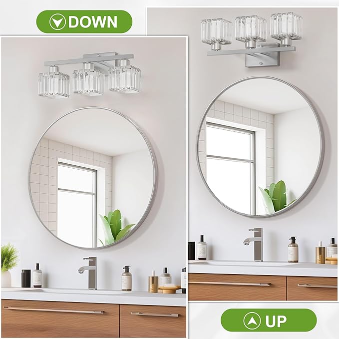 comzler 3-Light Bathroom Light Fixtures Over Mirror, Brushed Nickel Crystal Wall Sconce with E26 Base for Mirror Kitchen Living Room Bathroom, Square Crystal Shades (Bulbs Excluded)