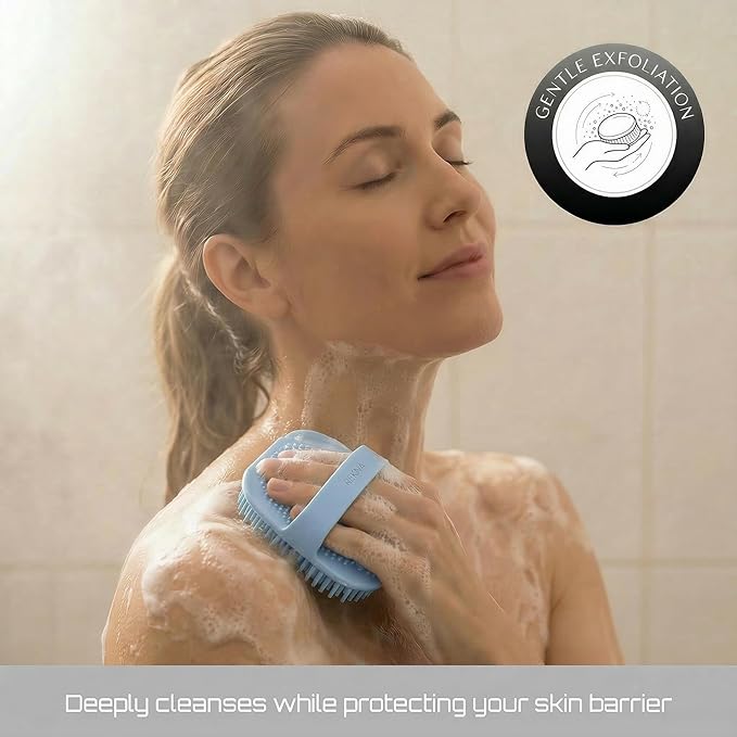 Silicone Body Scrubber for Shower - Exfoliating Body Brush with Non-Slip Grip - Durable Loofah Alternative - Soft Bristles for Gentle Cleansing, High Lather & Quick Drying, Blue