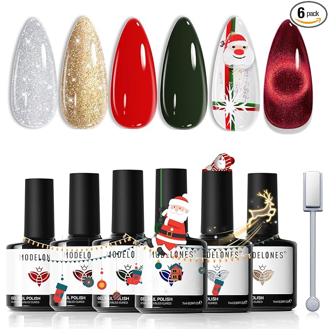 modelones Christmas Gel Nail Polish Set, Winter Cat Eye Red Dark Green Blue Glitter Gold Silver Gel Polish Kit Soak Off Nail Art Manicure Home Gift for Women Girls