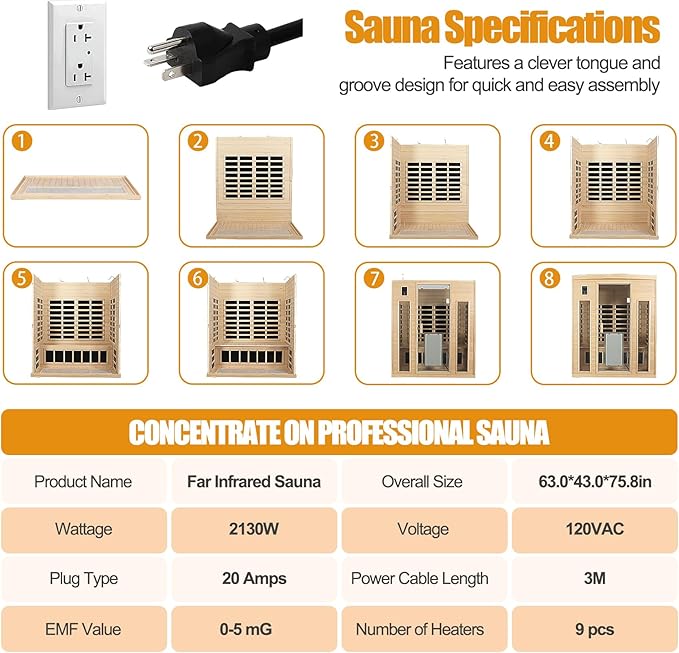3 Person Infrared Sauna 0-5mG Ultra Low EMF Far Infrared Sauna for Home 2130W/20A Canadian Hemlock Indoor Sauna with Front Door Heating Panel, Chromotherapy Lights