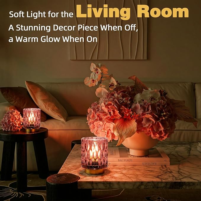 Battery Operated Table Lamps Timer, Mini Crystal Lamp for Area No Plug, Cordless Lamp with LED Bulb for Power Outage, Decorative Lamps for Tabletop/Corner/Entryway/Stairway/Bathroom/Fireplace (2 Pink)